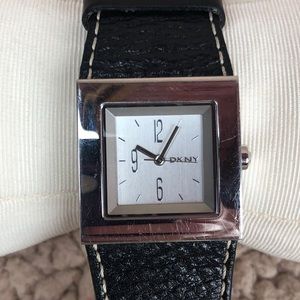 Women’s wide band black leather DKNY 3219 watch